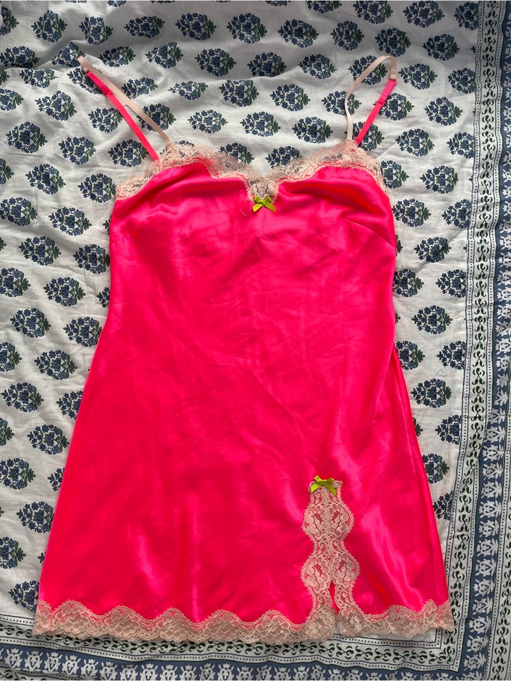 Victoria's Secret Hot Pink Satin Chemise with Cream Lace